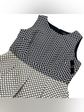 Alex Marie Rilla Dress Women 18 Navy Ivory Geometric Mod Pleated Pockets NWT